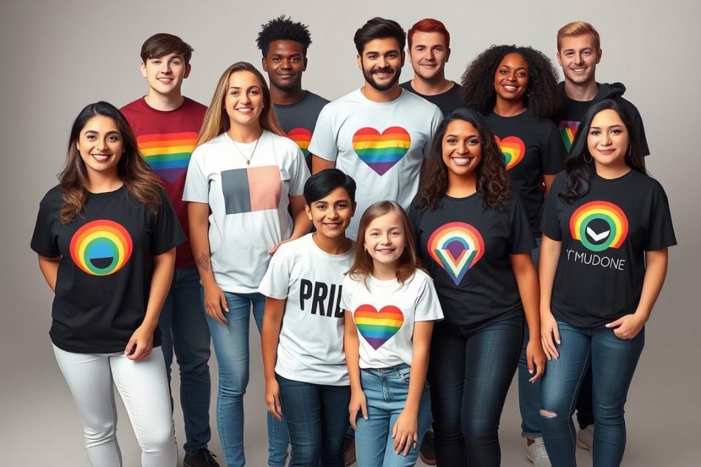 Models of diverse body types wearing gender-neutral pride t-shirts Models of diverse body types wearing gender-neutral pride t-shirts
