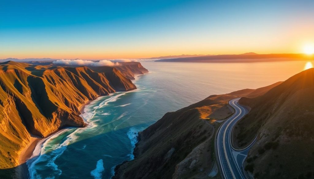 Panoramic view of the Pacific Coast Highway with ocean views and mountains - west coast places to visit Panoramic view of the Pacific Coast Highway with ocean views and mountains - west coast places to visit
