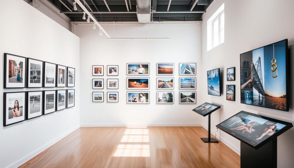 Photography final piece ideas displayed in a gallery setting with various framed photographs