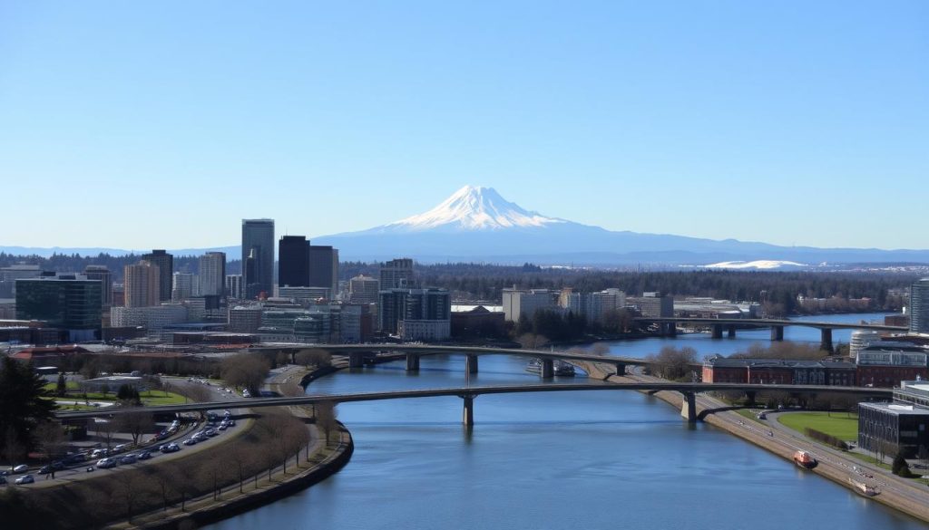 Portland cityscape with Mount Hood in background - charming west coast places to visit Portland cityscape with Mount Hood in background - charming west coast places to visit