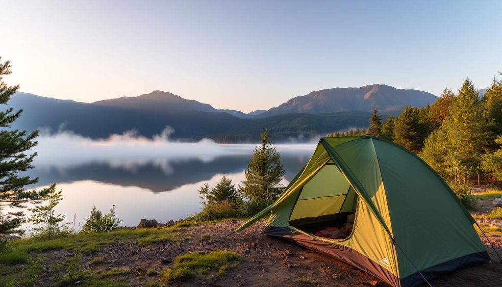 Scenic view of a New York State campsite with mountains in the background