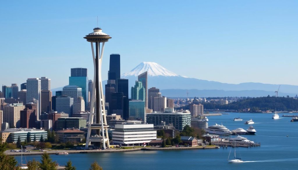 Seattle skyline with Space Needle and Mount Rainier - popular west coast places to visit Seattle skyline with Space Needle and Mount Rainier - popular west coast places to visit