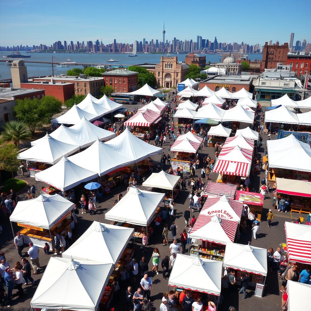Smorgasburg food market in Brooklyn with diverse food vendors and Manhattan skyline Smorgasburg food market in Brooklyn with diverse food vendors and Manhattan skyline