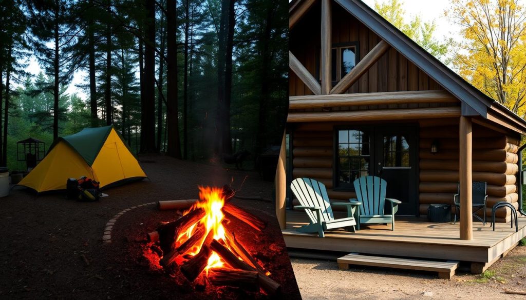 Split image showing tent camping and cabin accommodation in New York State Parks