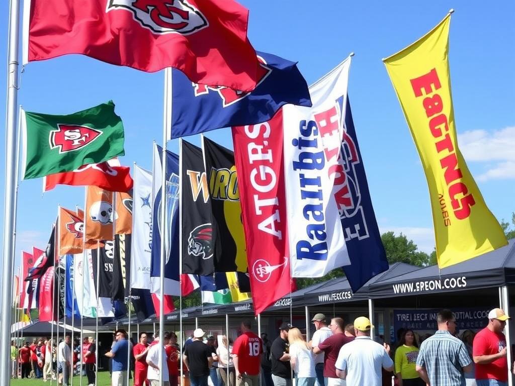 Sports team flags for outdoors displayed at a tailgate event