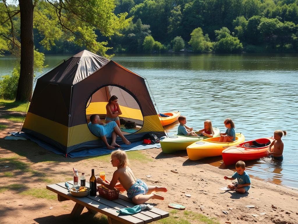 Summer camping by a lake in New York