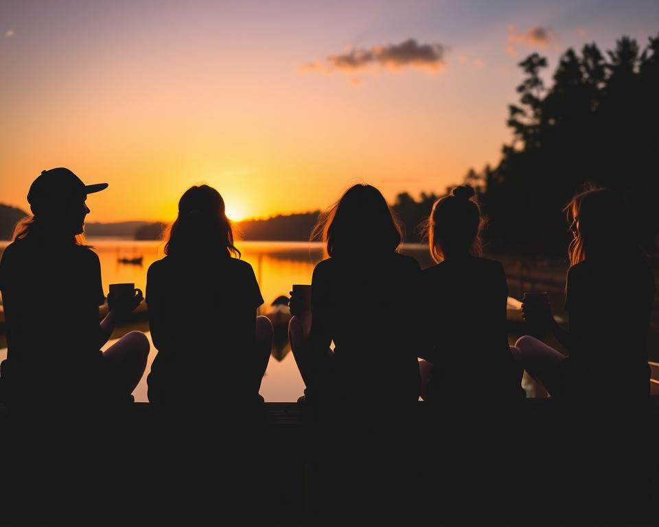 Sunset at summer camp with counselors enjoying evening tea
