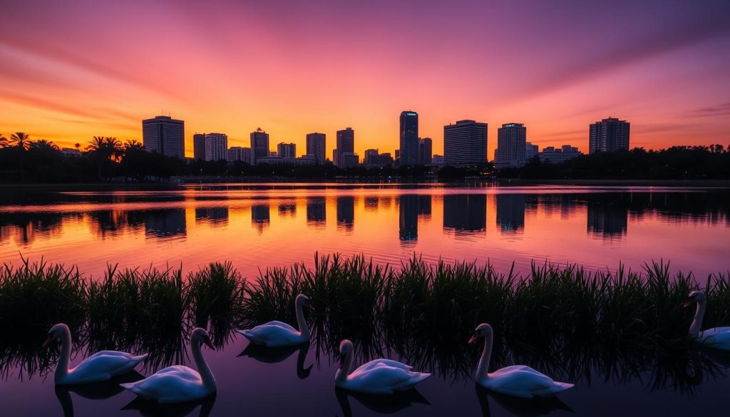 Sunset over downtown Orlando skyline with Lake Eola in foreground Sunset over downtown Orlando skyline with Lake Eola in foreground