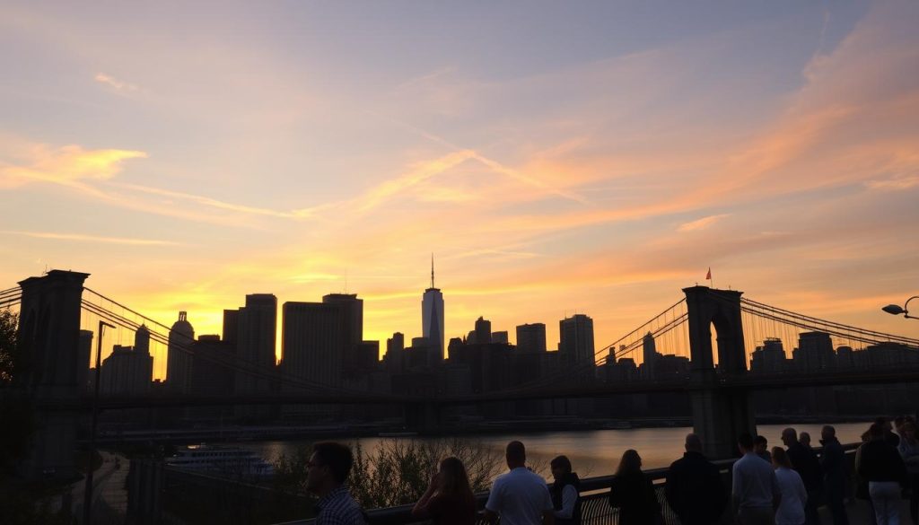 Sunset view from Brooklyn Heights Promenade overlooking Manhattan skyline Sunset view from Brooklyn Heights Promenade overlooking Manhattan skyline