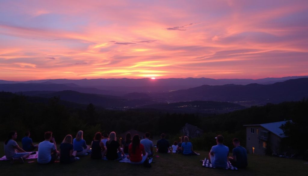 Sunset view of Camp USA New York with campers gathered for evening activities