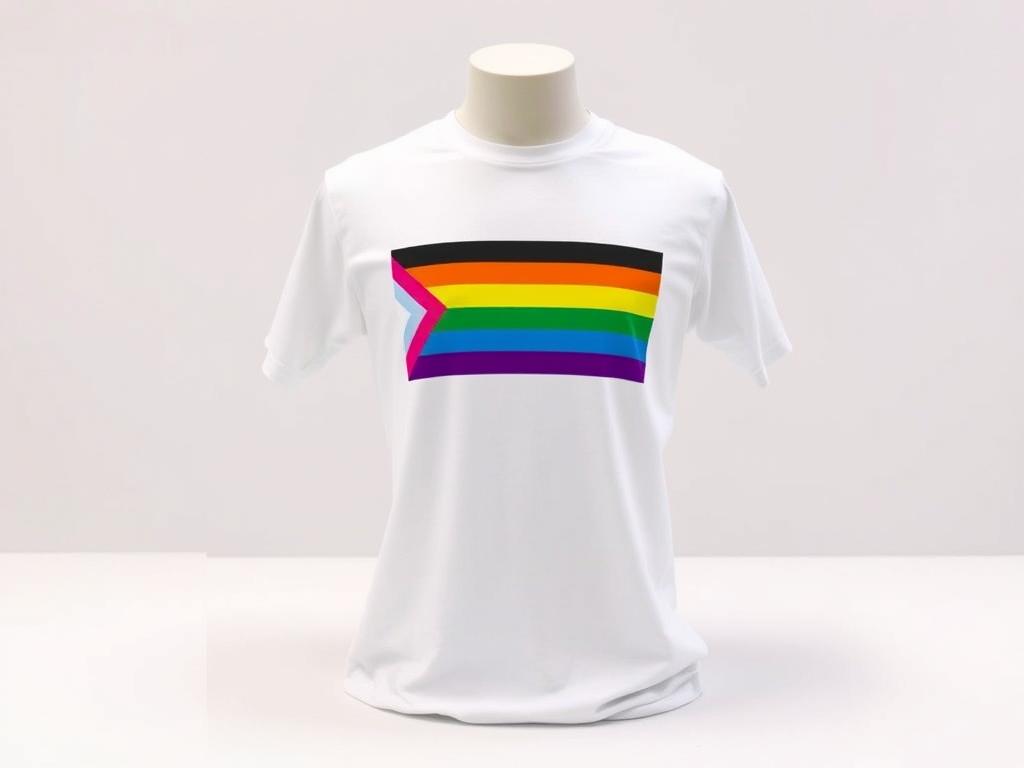 T-shirt featuring the Progress Pride flag design with explanation of each color's meaning T-shirt featuring the Progress Pride flag design with explanation of each color's meaning