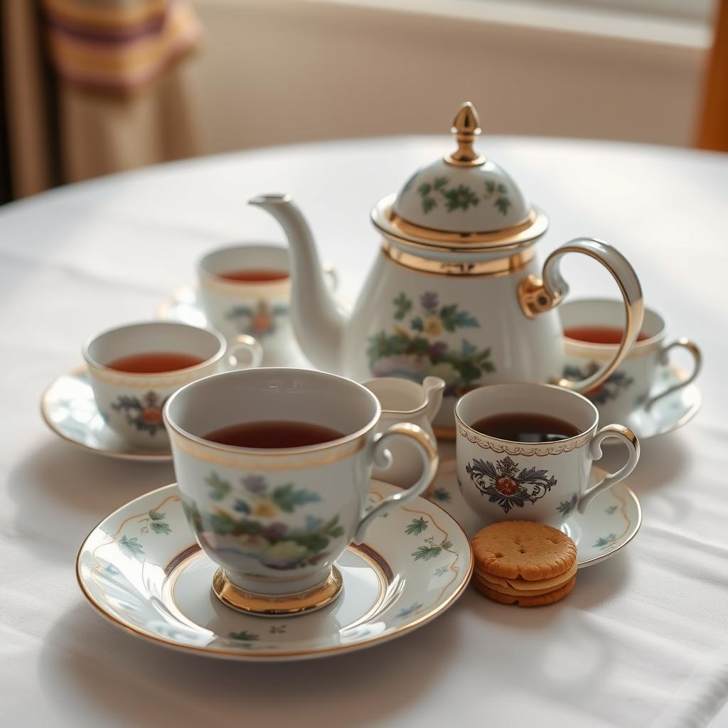 Traditional British afternoon tea setup with proper teapot and cups