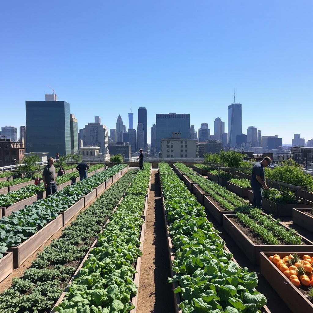 Urban farm on Brooklyn rooftop with Manhattan skyline in background Urban farm on Brooklyn rooftop with Manhattan skyline in background