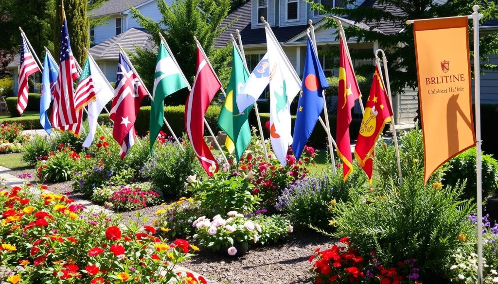 Various colorful flags for outdoors displayed in a garden setting