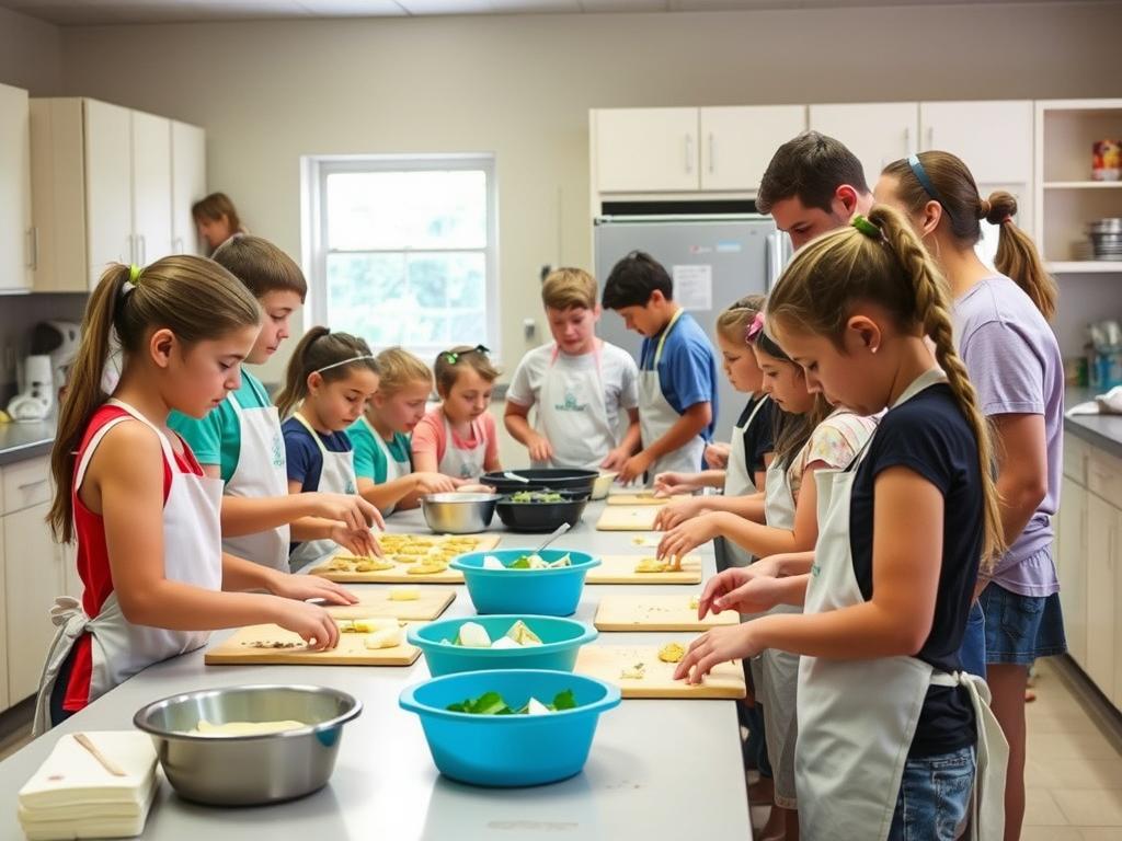 Young campers learning cooking skills in the culinary arts workshop, one of our hands-on other camp activities