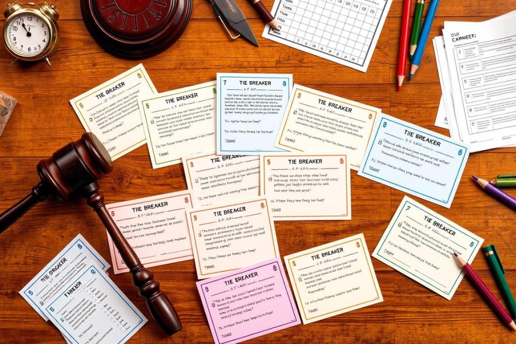A collection of tie breaker question cards arranged on a wooden table A collection of tie breaker question cards arranged on a wooden table