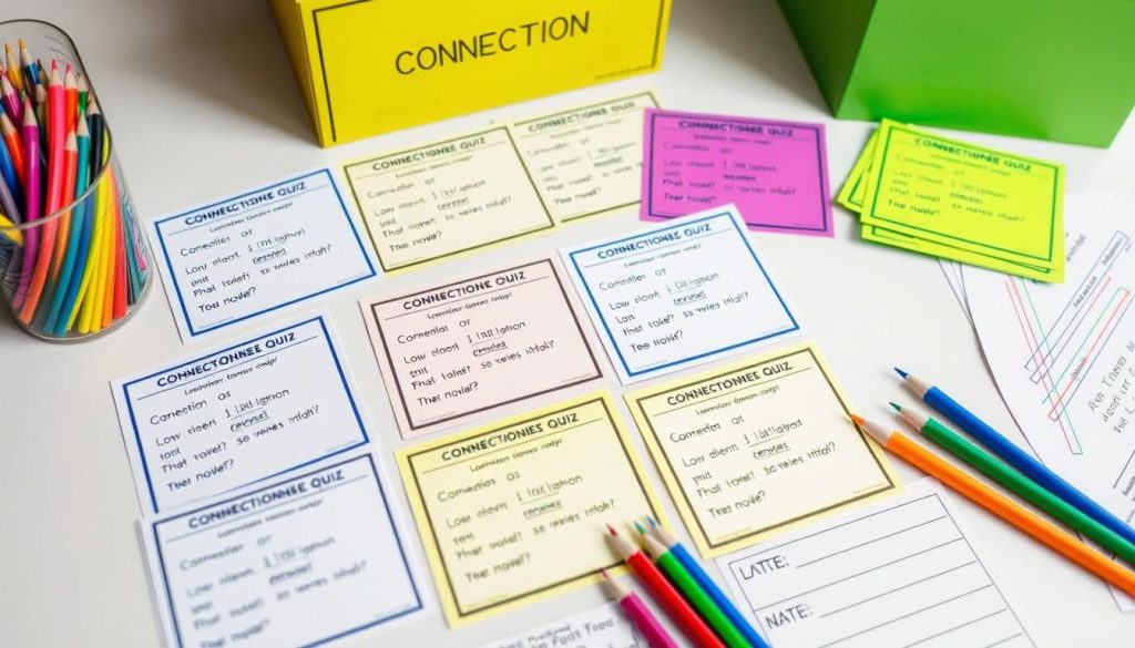 A colorful connection quiz round being played with answer cards laid out