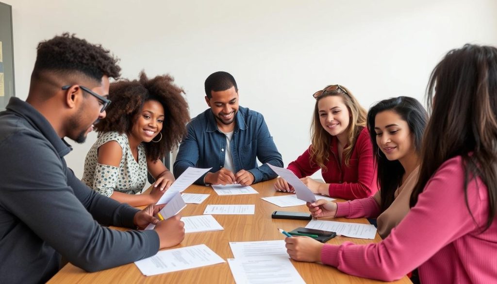 A group of people solving a connection quiz round at a table with papers and pencils