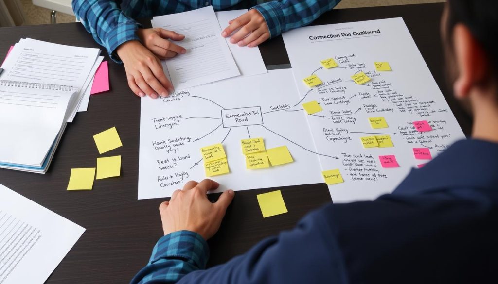 A person brainstorming connection quiz ideas with notes and mind maps