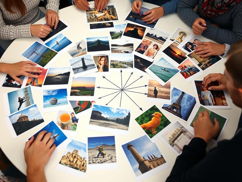 A picture connection quiz with images laid out on a table