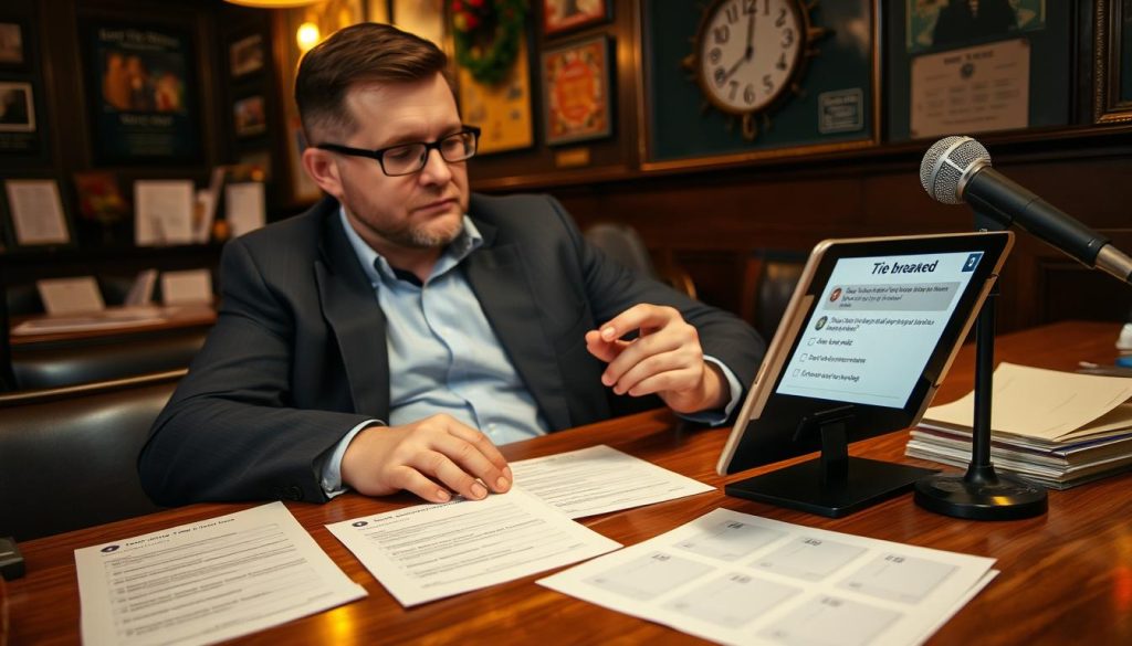 A quiz master reviewing tie breaker questions on a tablet with quiz materials nearby A quiz master reviewing tie breaker questions on a tablet with quiz materials nearby