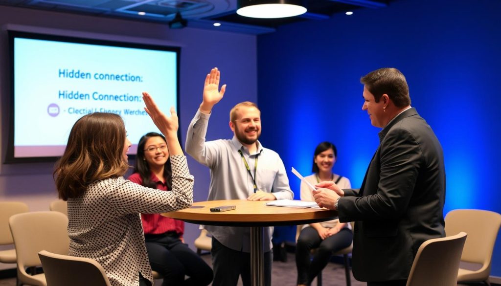 A successful connection quiz round with participants celebrating solving the connection