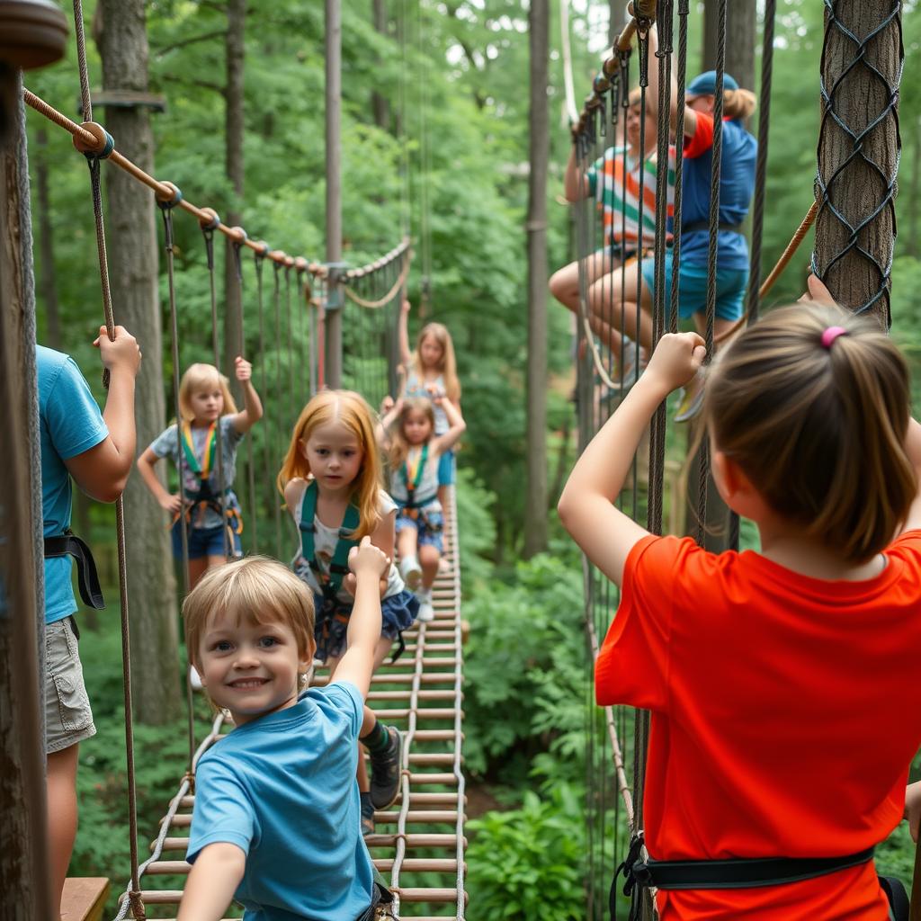 Adventure activities at Camp Green Lane showing ropes course Adventure activities at Camp Green Lane showing ropes course