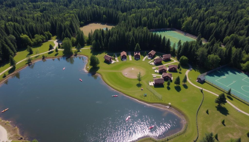 Aerial view of Camp Green Lane showing cabins, lake, and activity areas at Camp New York