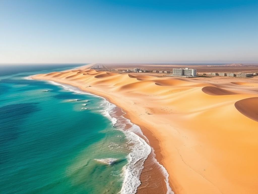 Aerial view of Corralejo Dunes Natural Park near Labranda Aloe Club Hotel in Canary Islands