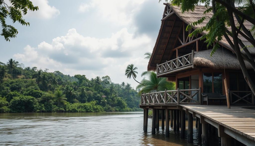 Amazon Basin fishing lodge with private swim for exotic species
