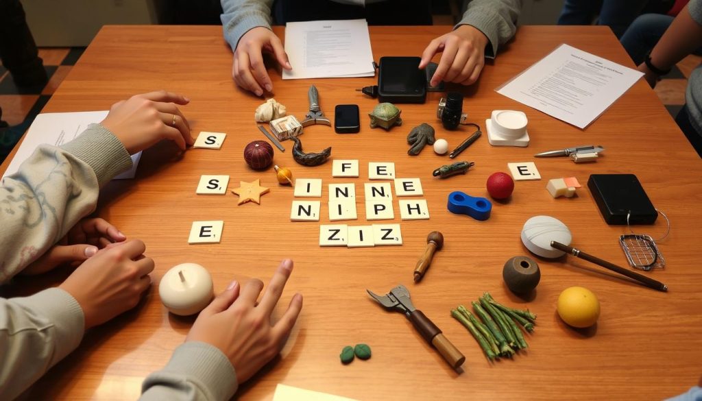 An interactive connection quiz with physical objects representing answers