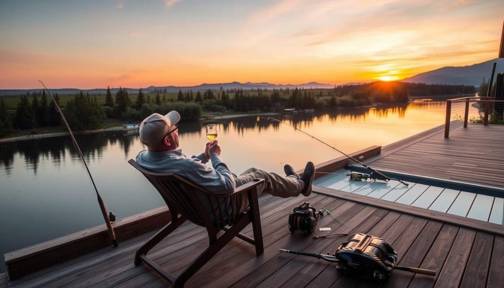 Angler relaxing at sunset on private swim deck after successful day of fishing
