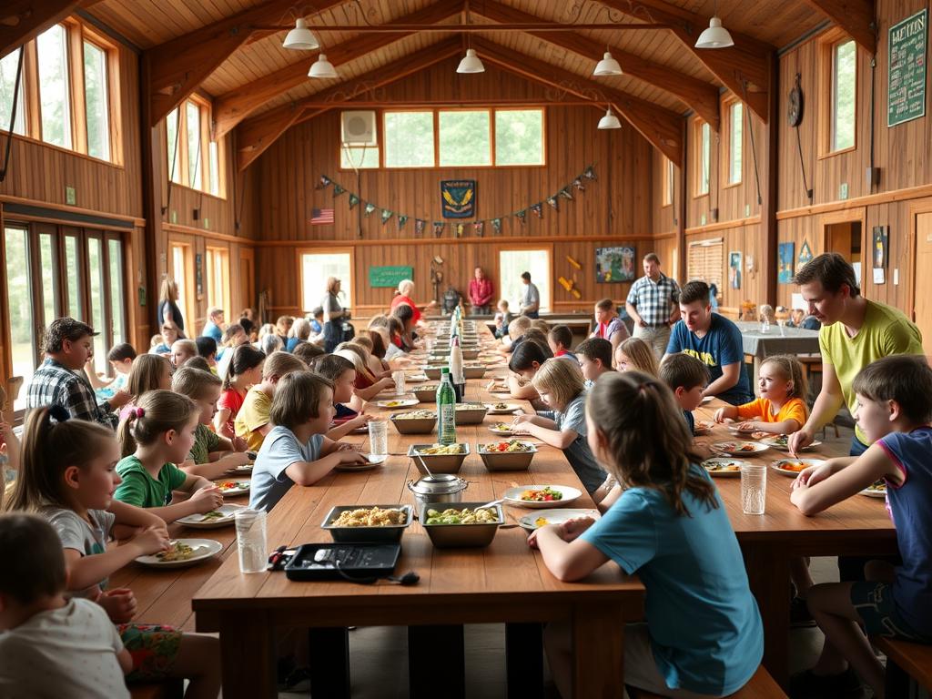 Campers enjoying meals together in the dining hall at Camp Green Lane Campers enjoying meals together in the dining hall at Camp Green Lane