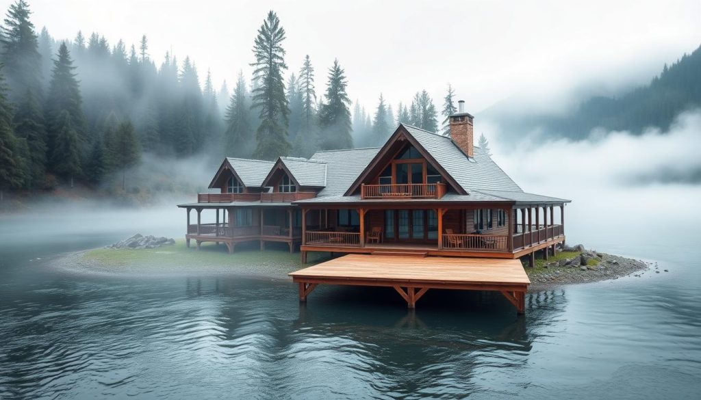 Canadian salmon fishing lodge with private swim on a misty river