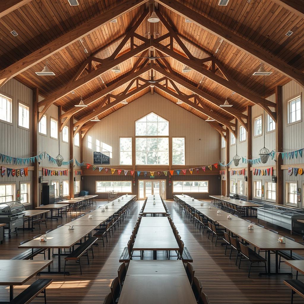 Dining hall at Camp Green Lane filled with campers during mealtime Dining hall at Camp Green Lane filled with campers during mealtime