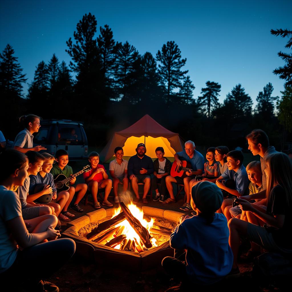 Evening campfire at Camp Green Lane with campers gathered around Evening campfire at Camp Green Lane with campers gathered around