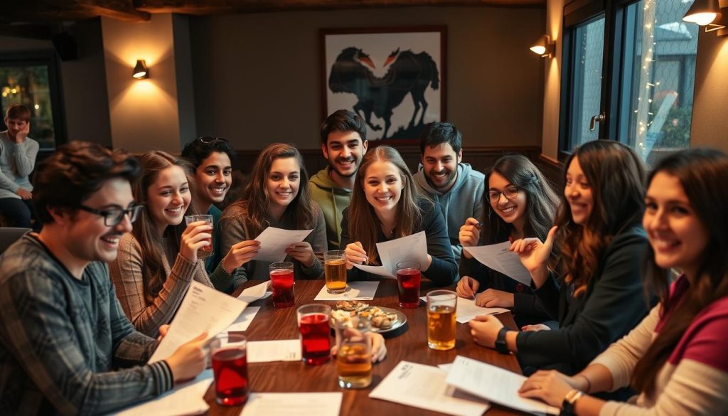 Group of friends enjoying a Thursday Quiz night with drinks and answer sheets
