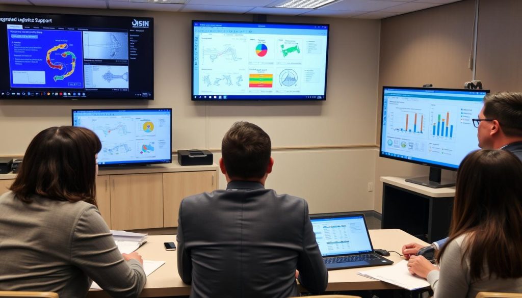 Integrated Logistic Support Training Session with engineers analyzing maintenance data on digital displays