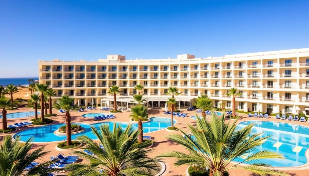 Labranda Aloe Club Hotel exterior view with swimming pools and palm trees in Fuerteventura, Canary Islands