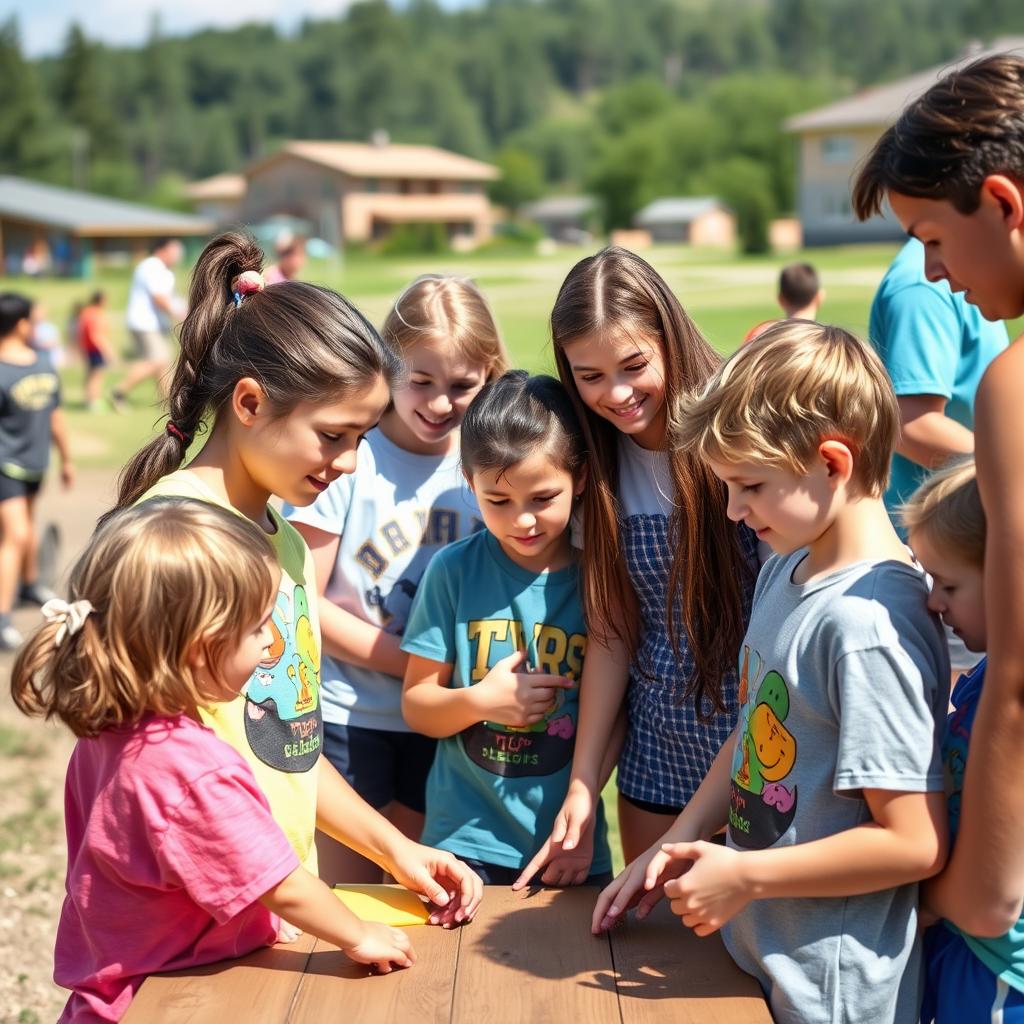 Leadership activities at Camp Green Lane showing older campers mentoring younger ones Leadership activities at Camp Green Lane showing older campers mentoring younger ones