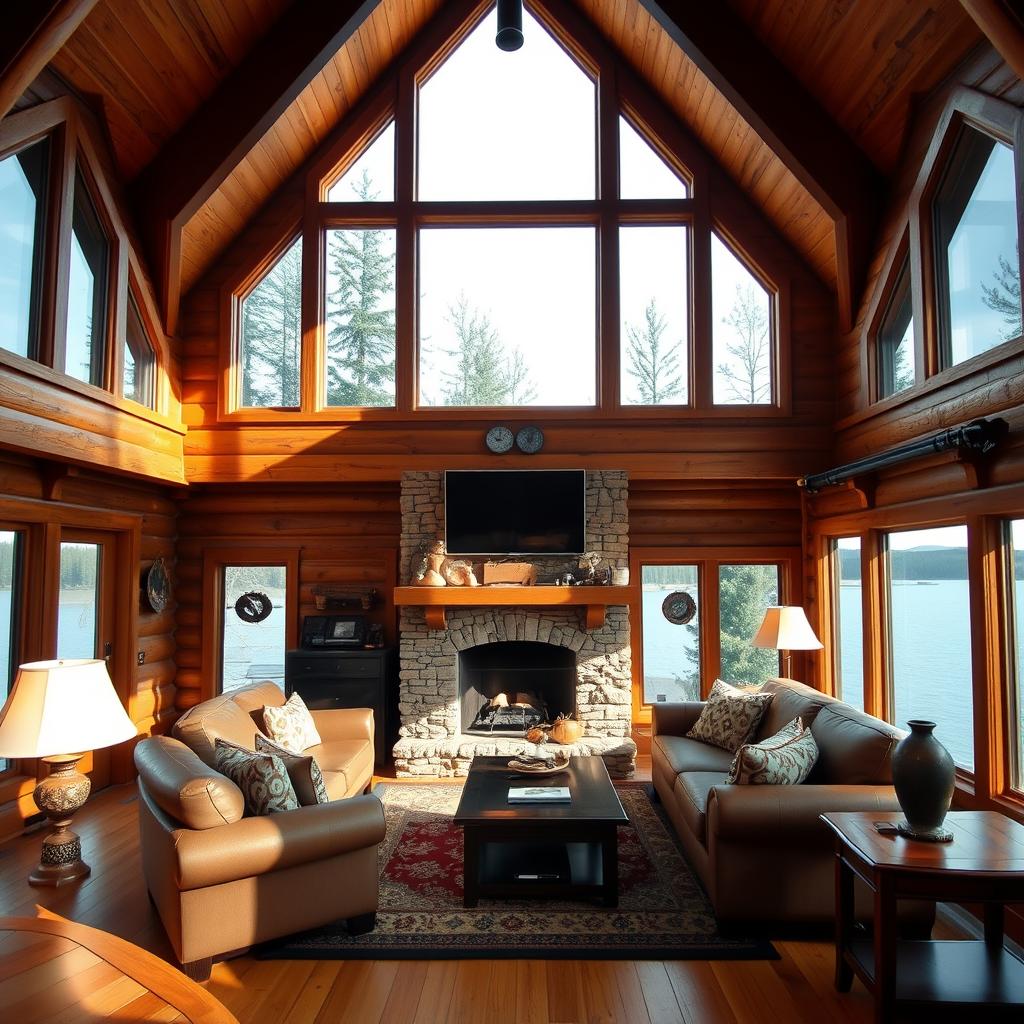 Luxurious interior of a fishing lodge cabin with private swim access