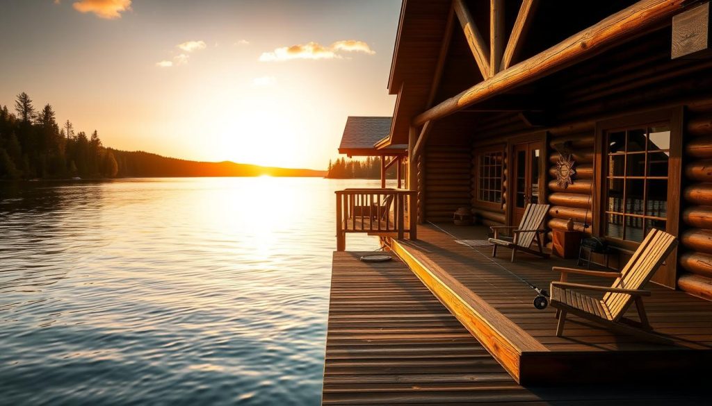 Luxury fishing lodge with private swim overlooking a serene lake at sunset