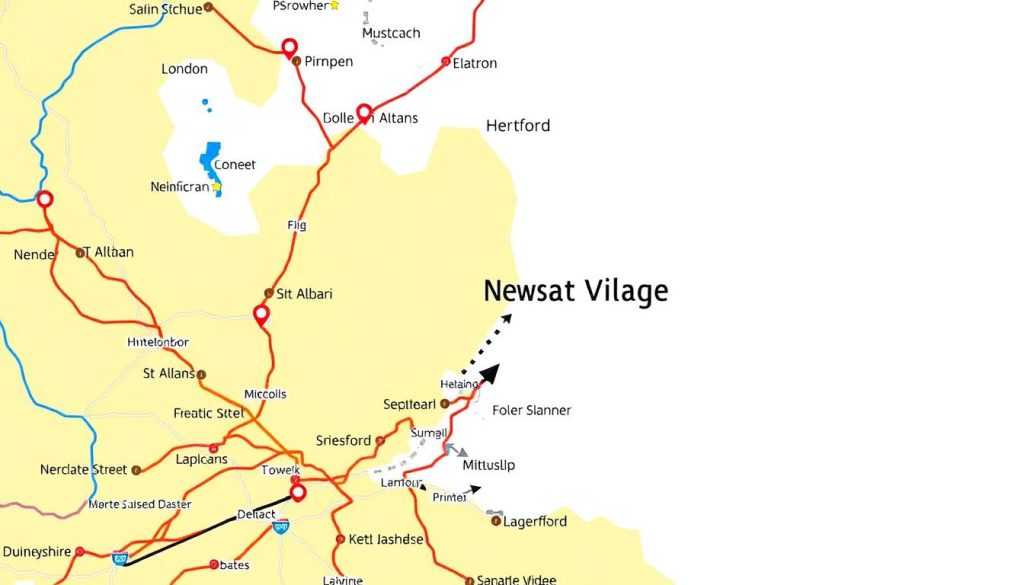 Map showing Newgate Street Village's location relative to London and nearby towns