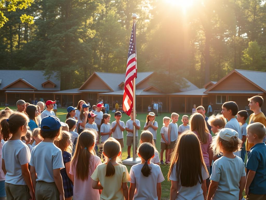 Morning activities at Camp Green Lane showing flag raising ceremony Morning activities at Camp Green Lane showing flag raising ceremony