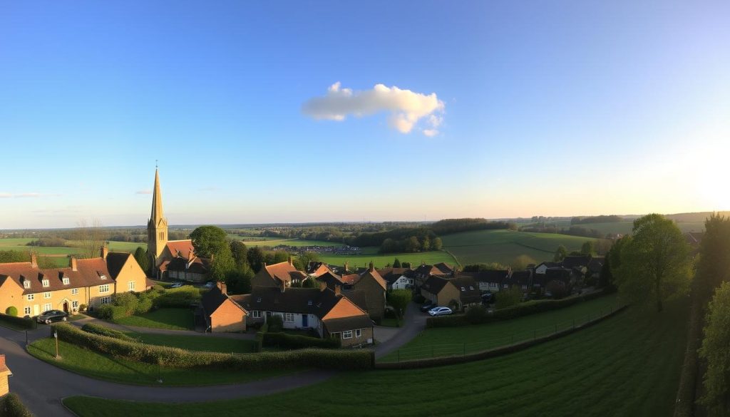Panoramic view of Newgate Street Village with its historic buildings and surrounding countryside