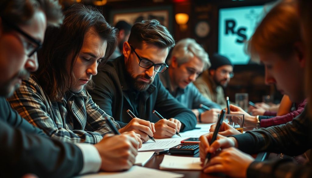 Quiz contestants writing down answers to a tie breaker question with thoughtful expressions Quiz contestants writing down answers to a tie breaker question with thoughtful expressions