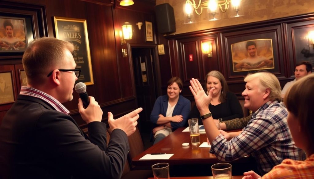 Quiz master engaging with participants during a Joe Pub Quiz