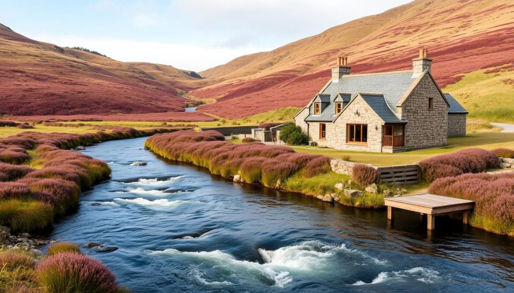 Scottish highland fishing lodge with private river access for trout fishing