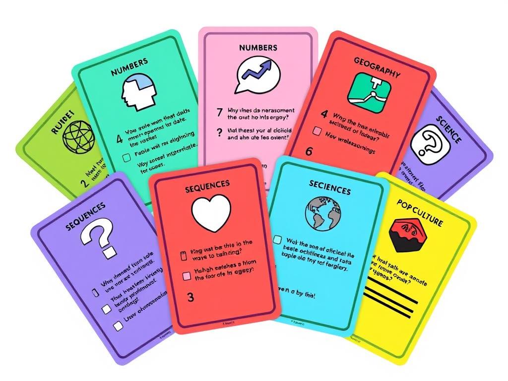 Seven different categories of tie breaker questions illustrated as quiz cards Seven different categories of tie breaker questions illustrated as quiz cards