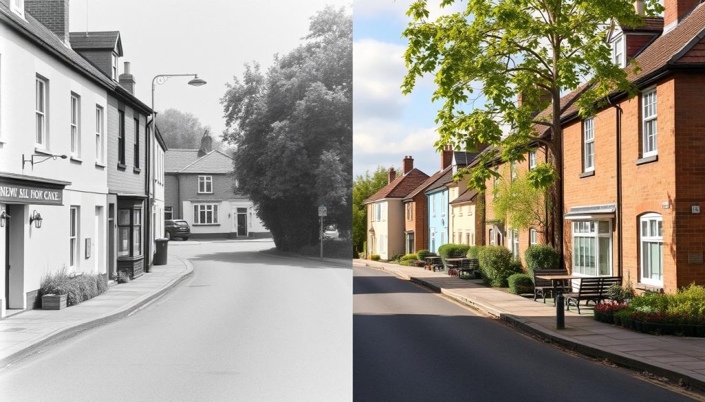 Side-by-side comparison of Newgate Street Village main street past and present